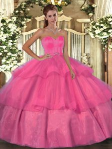 Hot Pink Organza Lace Up 15 Quinceanera Dress Sleeveless Floor Length Beading and Ruffled Layers