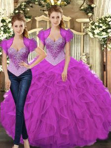 New Style Fuchsia Sweet 16 Dresses Military Ball and Sweet 16 and Quinceanera with Beading and Ruffles Straps Sleeveless Lace Up