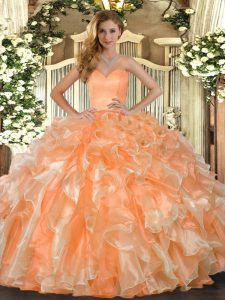 Fabulous Orange Sweetheart Neckline Beading and Ruffles Quinceanera Gown Sleeveless Lace Up