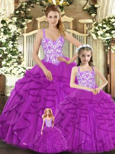 Sexy Floor Length Fuchsia Quinceanera Gowns Straps Sleeveless Lace Up