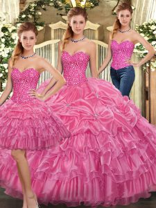 Enchanting Rose Pink Lace Up Sweetheart Beading and Ruffles Quinceanera Gowns Organza Sleeveless