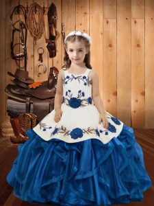 Sleeveless Floor Length Embroidery and Ruffles Lace Up Little Girl Pageant Gowns with Blue