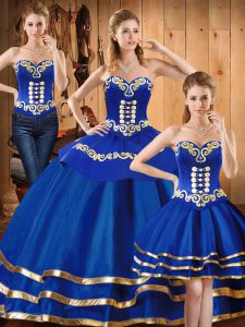 Floor Length Lace Up Sweet 16 Dress Blue for Military Ball and Sweet 16 and Quinceanera with Embroidery