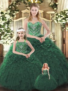 Dark Green Ball Gowns Ruffles 15th Birthday Dress Lace Up Organza Sleeveless Floor Length