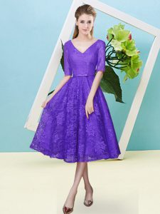 Purple V-neck Neckline Bowknot Quinceanera Court Dresses Half Sleeves Lace Up