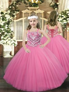 Rose Pink Ball Gowns Tulle Straps Sleeveless Beading Floor Length Lace Up Evening Gowns