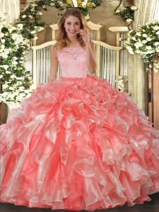 Sumptuous Floor Length Coral Red Sweet 16 Dresses Organza Sleeveless Lace and Ruffles