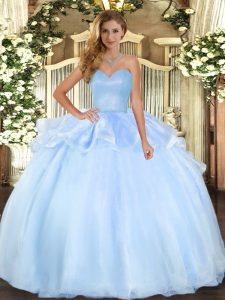 Flirting Floor Length Lace Up Quinceanera Dresses Light Blue for Military Ball and Sweet 16 and Quinceanera with Beading and Ruffles