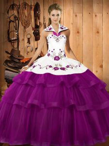 Sleeveless Organza Sweep Train Lace Up Ball Gown Prom Dress in Eggplant Purple with Embroidery and Ruffled Layers