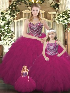 Superior Fuchsia Organza Lace Up Sweet 16 Quinceanera Dress Sleeveless Floor Length Beading and Ruffles