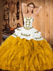 Strapless Sleeveless Satin and Organza 15 Quinceanera Dress Embroidery and Ruffles Lace Up
