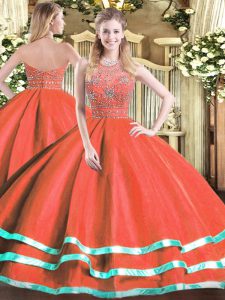 Classical Halter Top Sleeveless Quinceanera Dress Floor Length Beading Red Tulle