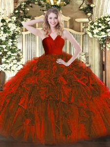 Extravagant Sleeveless Organza Floor Length Zipper Quinceanera Dress in Wine Red with Ruffles