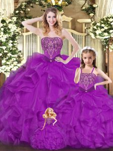Flirting Purple Ball Gowns Organza Sweetheart Sleeveless Beading and Ruffles Floor Length Lace Up Quinceanera Dresses