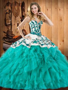 Cute Satin and Organza Sweetheart Sleeveless Lace Up Embroidery and Ruffles Sweet 16 Dress in Turquoise