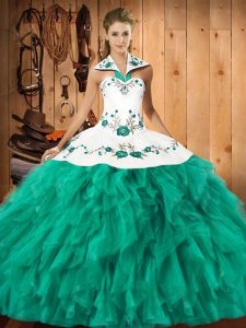 Glittering Turquoise Lace Up Quince Ball Gowns Embroidery and Ruffles Sleeveless Floor Length