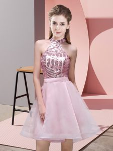 Flare Sleeveless Mini Length Sequins Backless Quinceanera Dama Dress with Pink