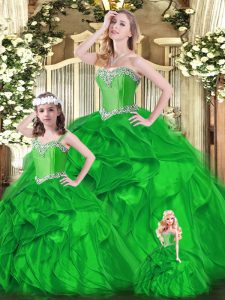 Green Ball Gowns Organza Sweetheart Sleeveless Beading and Ruffles Floor Length Lace Up Quinceanera Dresses