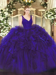 Artistic Purple Ball Gowns V-neck Sleeveless Organza Floor Length Zipper Beading and Ruffles Sweet 16 Quinceanera Dress