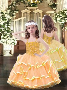 Floor Length Lace Up Kids Formal Wear Orange for Party and Quinceanera with Beading and Ruffled Layers