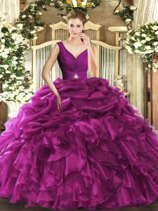 Artistic Fuchsia Sleeveless Beading and Ruffles Floor Length 15 Quinceanera Dress