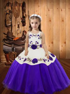 Purple Sleeveless Floor Length Embroidery Lace Up Pageant Gowns
