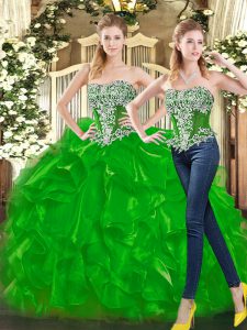 Green Lace Up Vestidos de Quinceanera Beading and Ruffles Sleeveless Floor Length