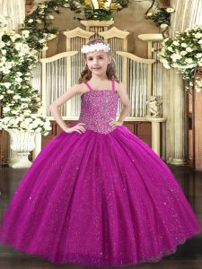 New Style Fuchsia Ball Gowns Straps Sleeveless Tulle Floor Length Lace Up Beading Evening Gowns