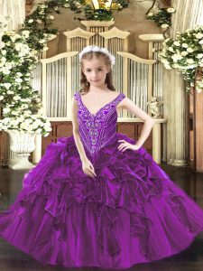 V-neck Sleeveless Organza High School Pageant Dress Beading and Ruffles Lace Up