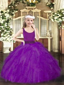 Best Tulle Scoop Sleeveless Zipper Beading Pageant Dress for Girls in Purple