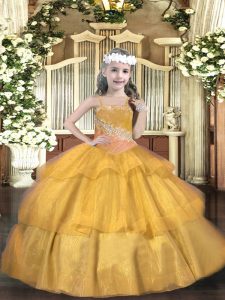 Graceful Gold Organza Lace Up Straps Sleeveless Floor Length Little Girl Pageant Dress Beading and Ruffled Layers and Sequins