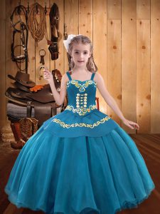 Embroidery and Ruffles Kids Pageant Dress Teal Lace Up Sleeveless Floor Length