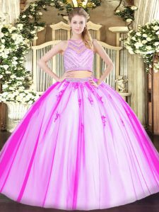Rose Pink Sleeveless Beading Floor Length Quinceanera Gown
