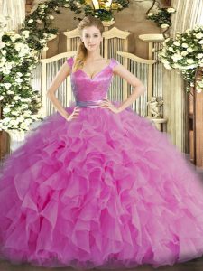 Great Sleeveless Floor Length Ruffles Zipper Quinceanera Gown with Lilac