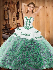 Elegant Multi-color Satin and Fabric With Rolling Flowers Lace Up Quince Ball Gowns Sleeveless With Train Sweep Train Embroidery