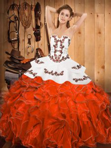 Rust Red Ball Gowns Embroidery and Ruffles 15 Quinceanera Dress Lace Up Satin and Organza Sleeveless Floor Length