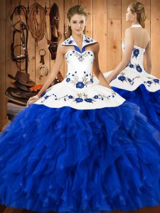 Low Price Blue And White Sleeveless Embroidery and Ruffles Floor Length Quinceanera Dresses