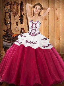 Hot Pink Quinceanera Dress Military Ball and Sweet 16 and Quinceanera with Embroidery Strapless Sleeveless Lace Up