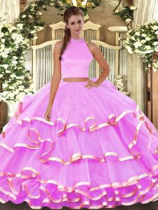 Elegant Lilac Sleeveless Organza Backless Ball Gown Prom Dress for Military Ball and Quinceanera