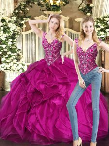 Excellent Fuchsia Sleeveless Floor Length Ruffles Lace Up Quinceanera Gowns