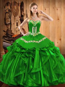 Fitting Green Ball Gowns Organza Sweetheart Sleeveless Embroidery and Ruffles Floor Length Lace Up Vestidos de Quinceanera