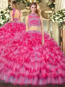 Sleeveless Tulle Floor Length Backless Vestidos de Quinceanera in Coral Red with Beading and Ruffled Layers
