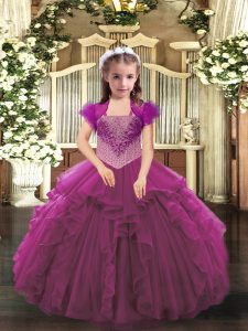 On Sale Fuchsia Organza Lace Up Straps Sleeveless Floor Length Girls Pageant Dresses Beading and Ruffles