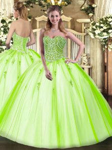 Best Sleeveless Floor Length Beading Lace Up 15th Birthday Dress with Yellow Green