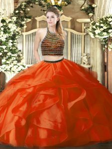 New Arrival Orange Red Zipper Halter Top Beading and Ruffles 15th Birthday Dress Organza Sleeveless