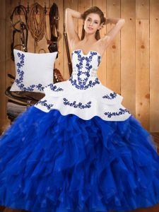 Unique Blue And White Sleeveless Embroidery and Ruffles Floor Length Sweet 16 Quinceanera Dress