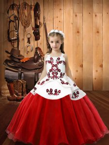 Exquisite White And Red Lace Up Straps Embroidery Little Girls Pageant Gowns Organza Sleeveless