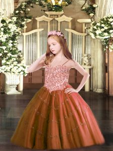 Popular Sleeveless Floor Length Appliques Lace Up Little Girls Pageant Gowns with Rust Red