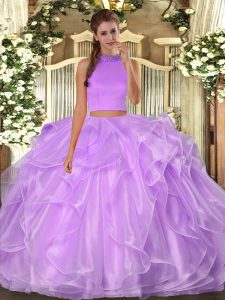 Pretty Lilac Organza Backless Quinceanera Dress Sleeveless Floor Length Beading and Ruffles