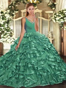 Suitable Turquoise Organza Backless V-neck Sleeveless With Train 15th Birthday Dress Sweep Train Ruffles